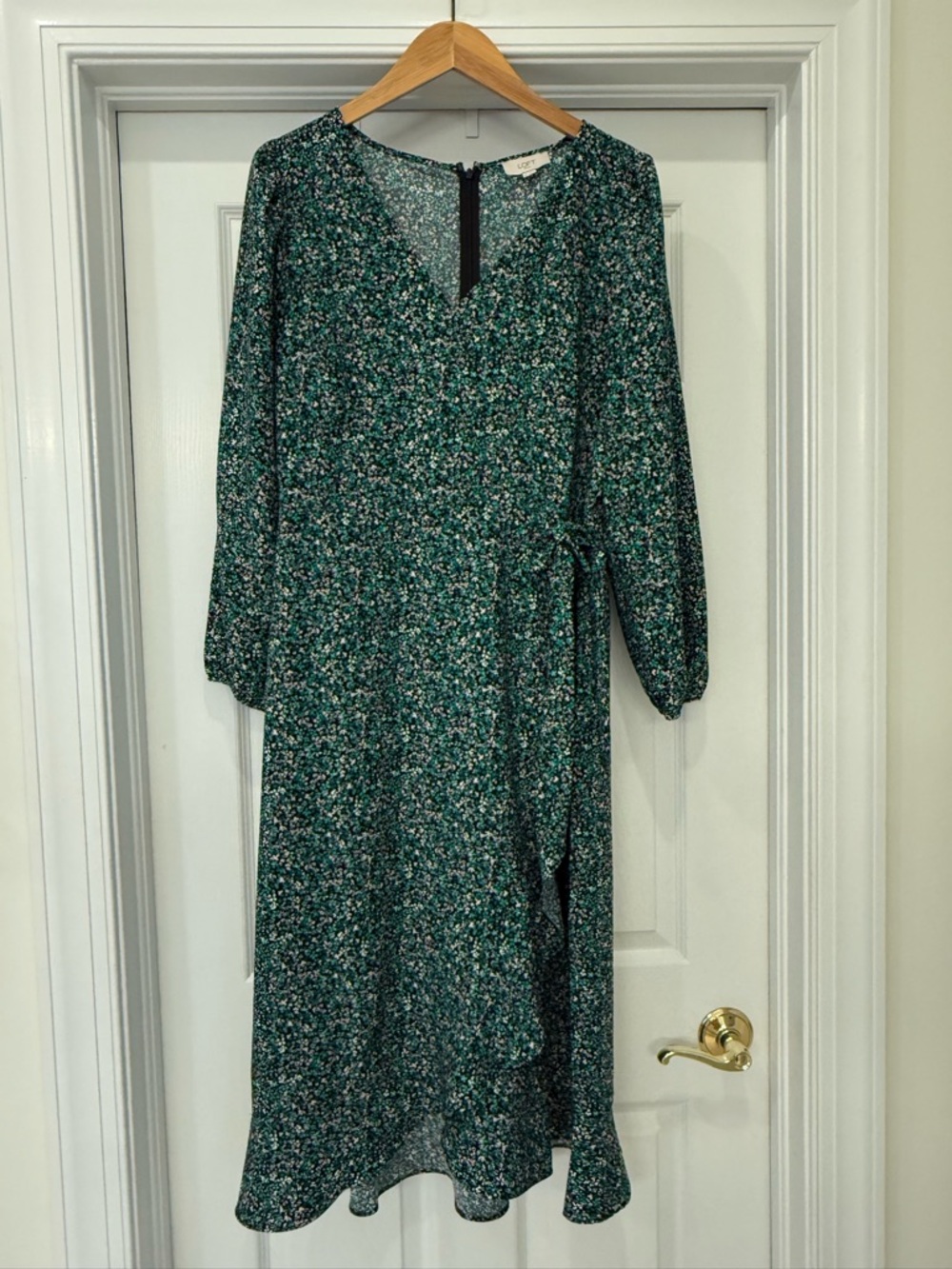 LOFT Green Floral Wrap Midi Dress